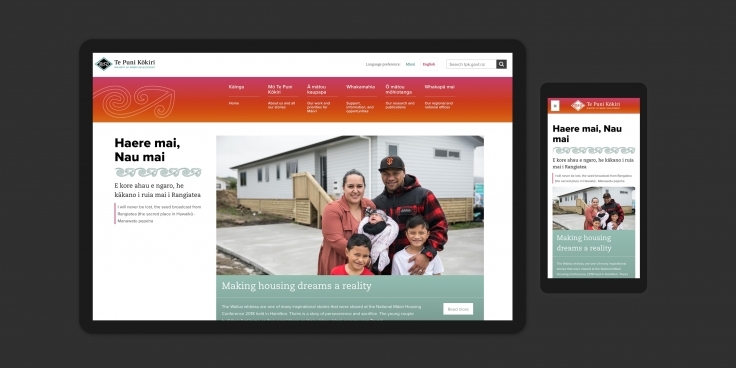 Screenshots of the Te Puni Kōkiri website on desktop and mobile devices